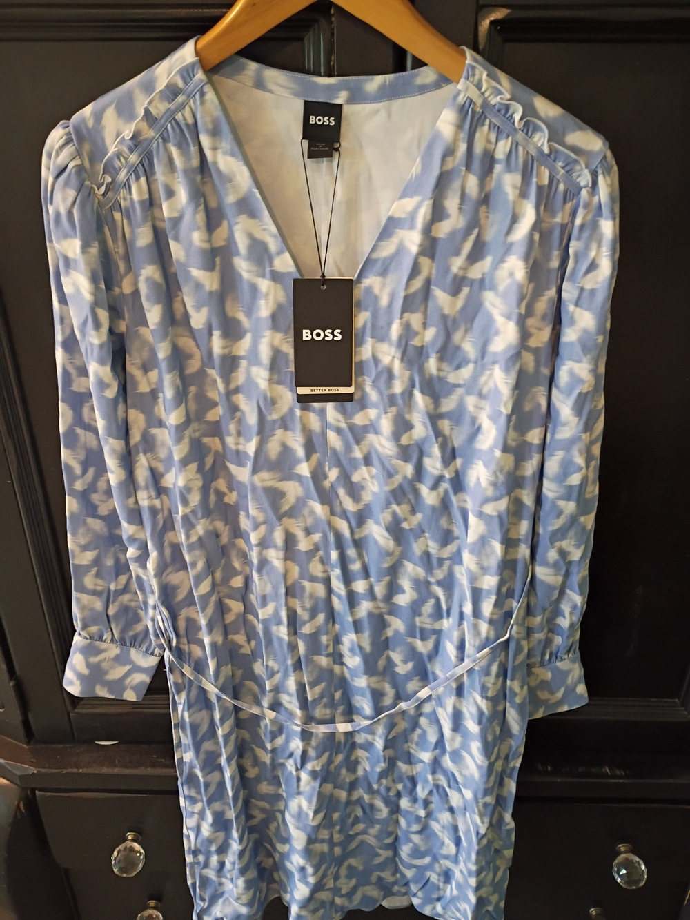 Hugo Boss Light Blue and White Printed V-Neck Long Sleeve Dress